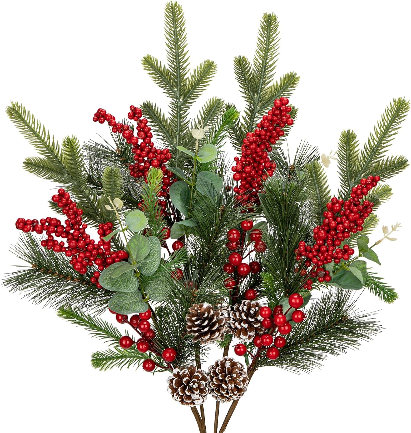 Artificial Pine Branches with Red Berries - Set of 4