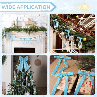 Blue Christmas Tree Decorations Set - Velvet Bows, Tree Topper Bow, Tinsel Icicles