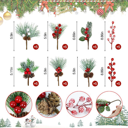 Artificial Christmas Picks Red Berry Stems Sprays Faux Cedar Holly Pine Needles Branches - Set of 40