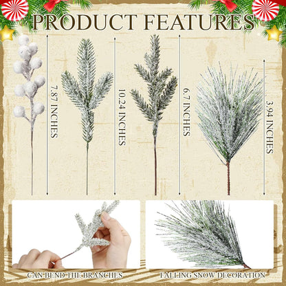 Christmas Snowy Pine Tree Picks Artificial Berry Stems Sprays Faux Cedar Pine Needles Branches - Set of 80