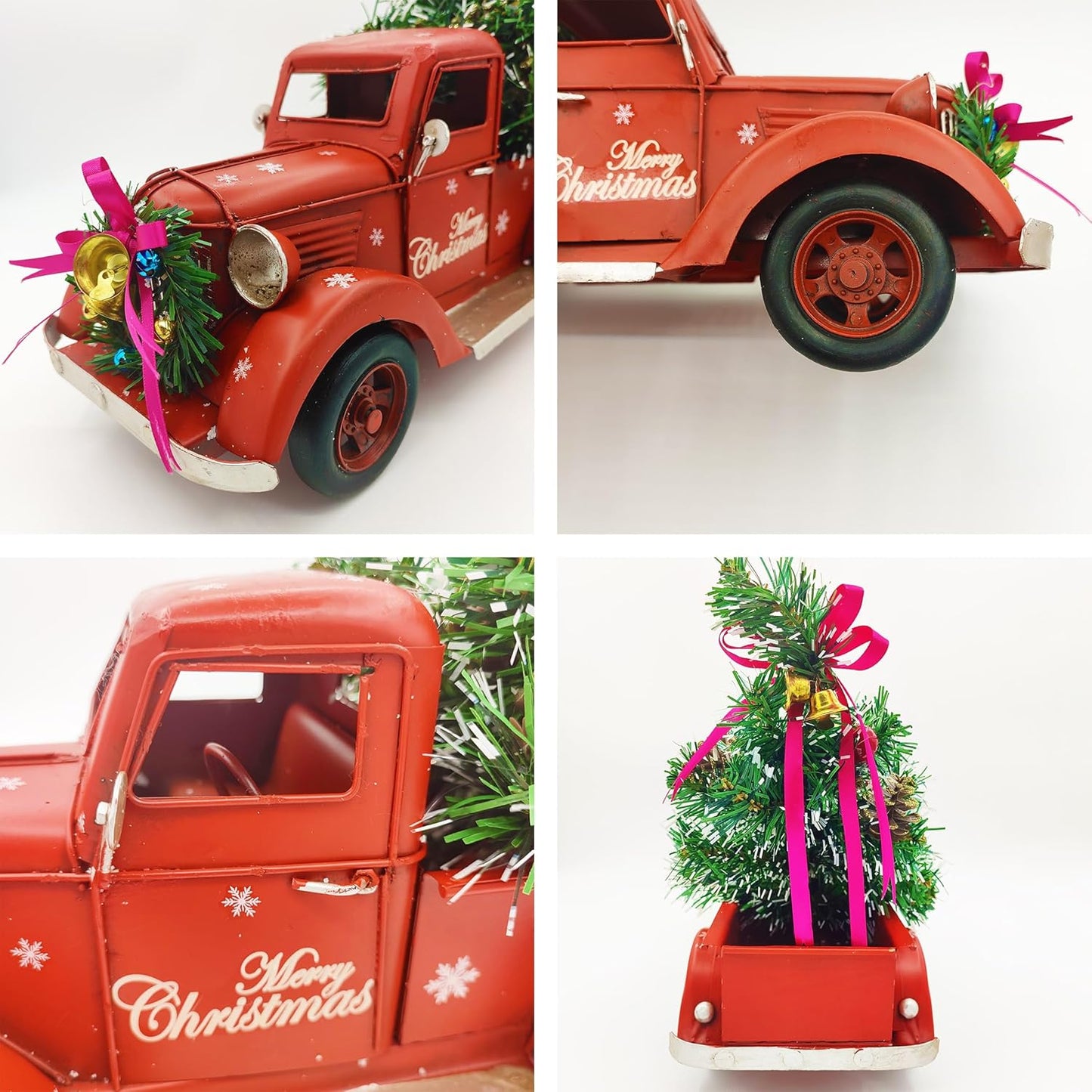 Red Metal Truck Model with Christmas Tree Ornaments, Bell, and String Light - Table Top Xmas Decor and Fireplace Collectible Vehicle