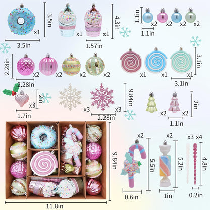 Macaron Christmas Ball Ornaments Set - Shatterproof Cute Donut Lollipop Candy Hanging Decor for Tree Holiday Indoor