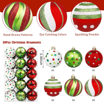 Christmas Ball Ornaments Set - Candy Cane Peppermint Swirl Red Green Bulbs