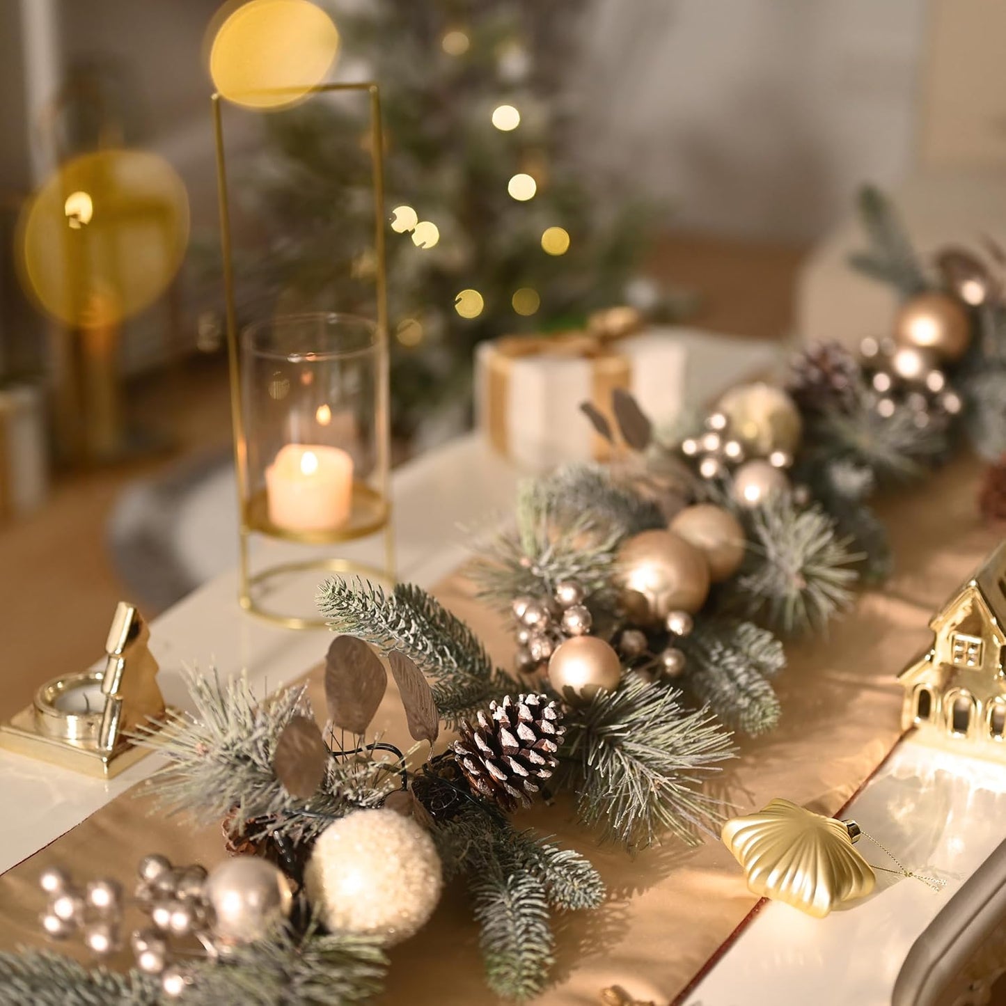 Pre-Lit Christmas Garland with White Gold Ball Accents