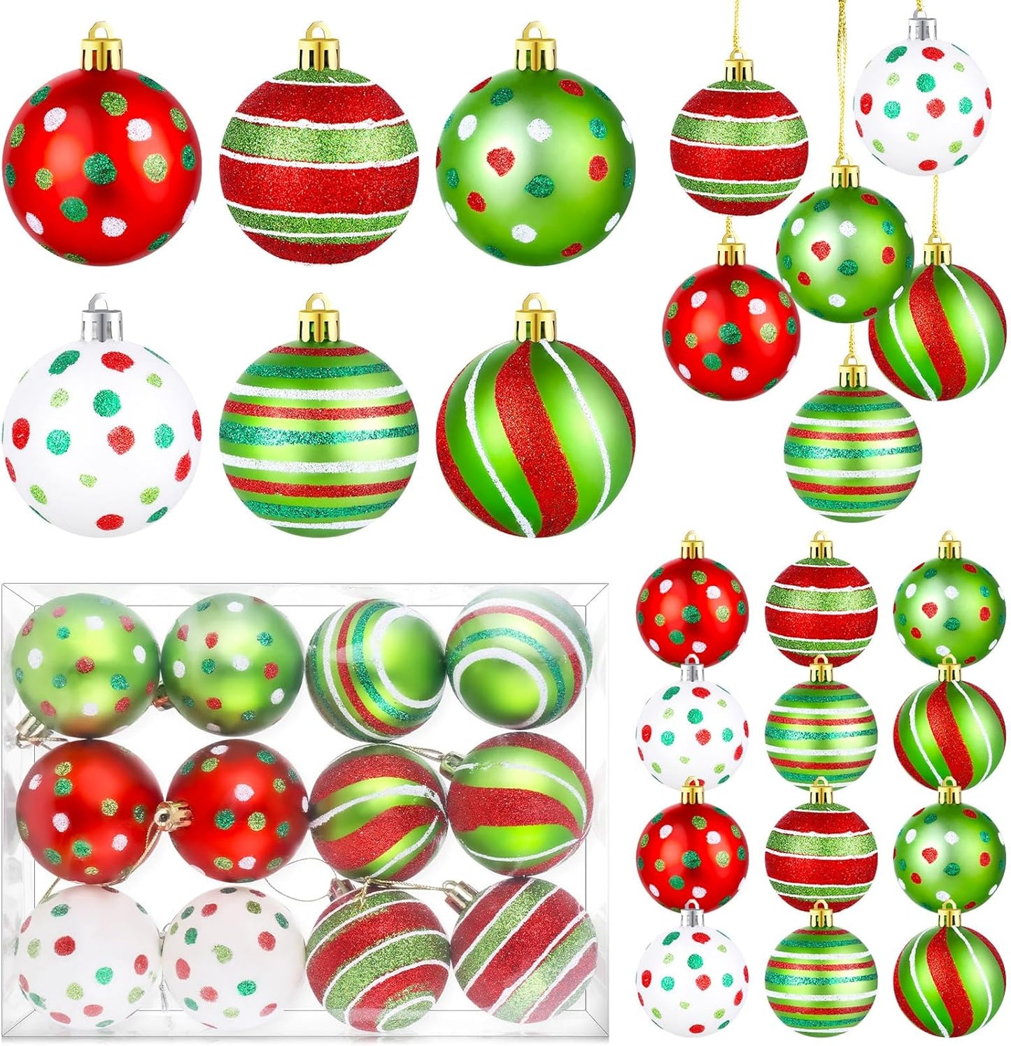 Glittering Plastic Christmas Tree Ball Ornaments - Shatterproof Swirl Candy Cane Balls - Holiday Party Decorations (24 Pcs)