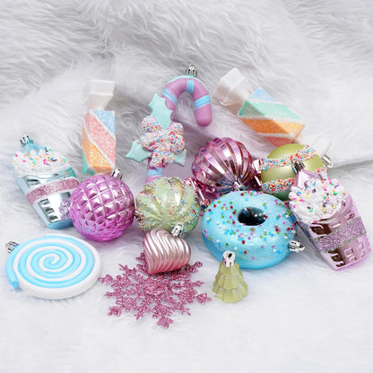 Macaron Christmas Ball Ornaments Set - Shatterproof Cute Donut Lollipop Candy Hanging Decor for Tree Holiday Indoor