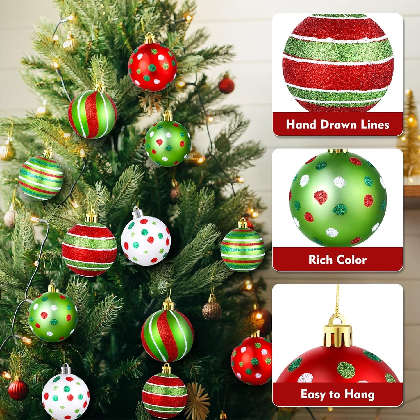 Glittering Plastic Christmas Tree Ball Ornaments - Shatterproof Swirl Candy Cane Balls - Holiday Party Decorations (24 Pcs)