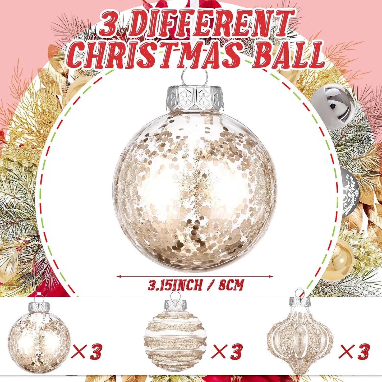 Clear Shatterproof Christmas Ball Ornaments - Set of 9 - Champagne Color