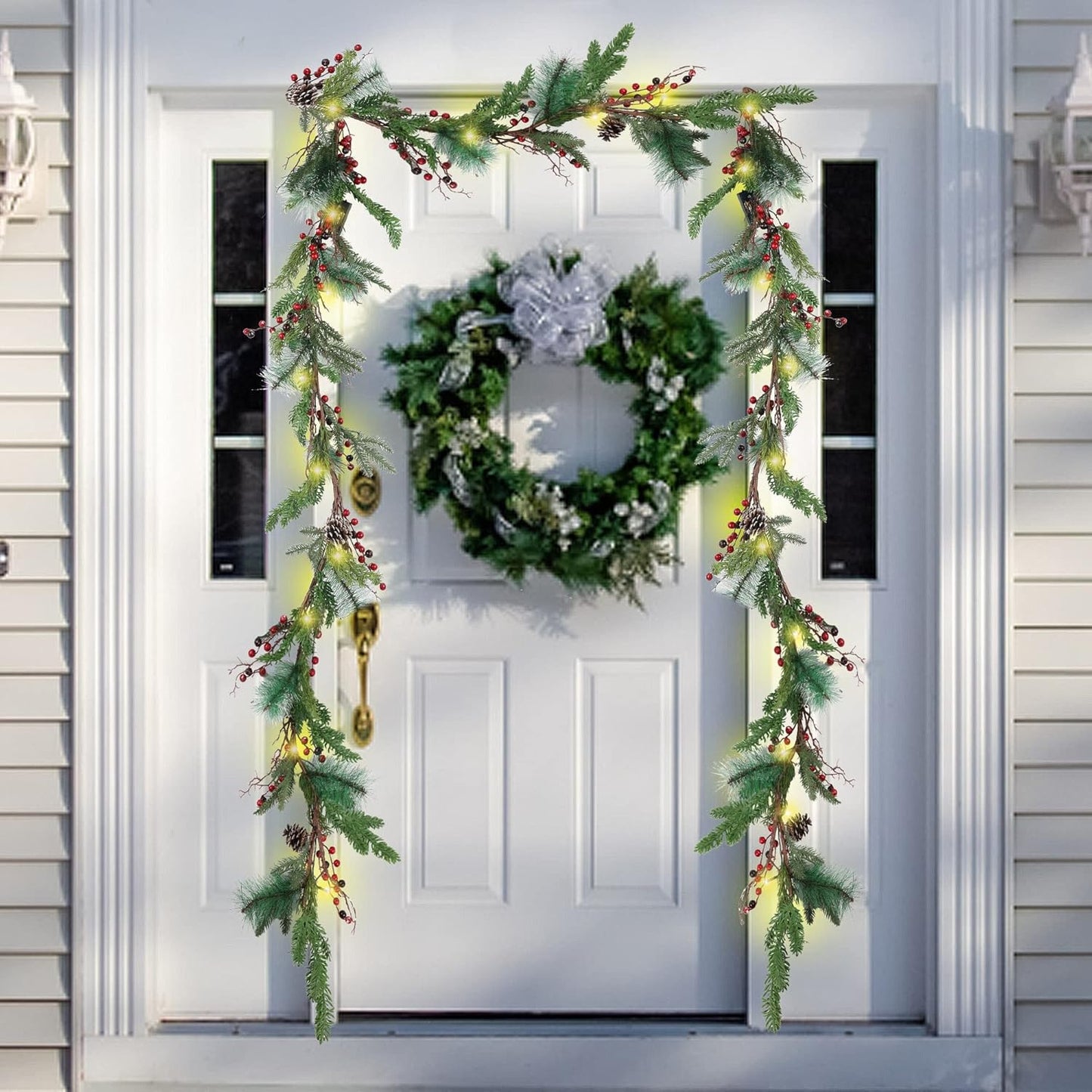 Pre-lit Artificial Christmas Garland with LED Lights, Battery Powered - Pine Cones, Red Berries, Pine Needles - Fireplace Mantle Holiday Decorations