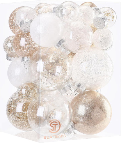 24 Count Shatterproof Clear Plastic Christmas Ball Ornaments with Gold Decorations