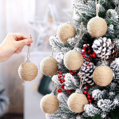 Boho Farmhouse Jute Rope Christmas Ball Ornaments - Set of 9