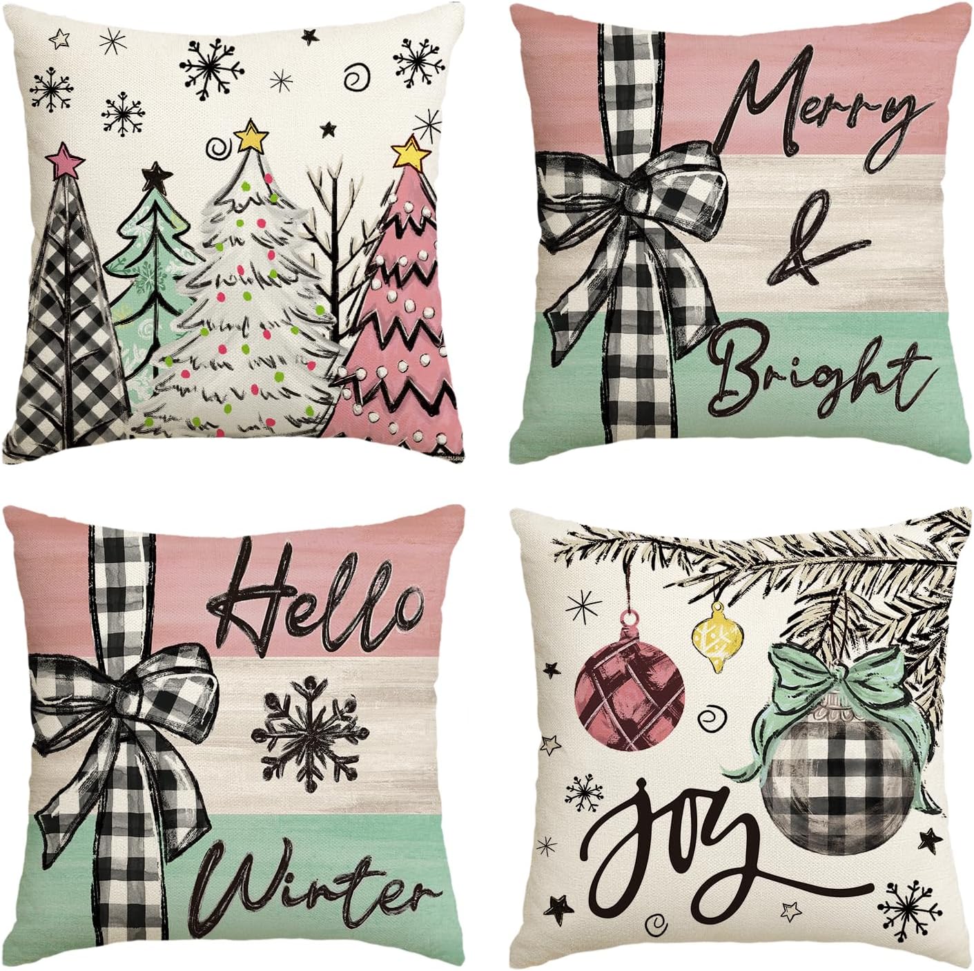 Colorlife Christmas Joy Xmas Trees Red Throw Pillow Covers - Set of 4