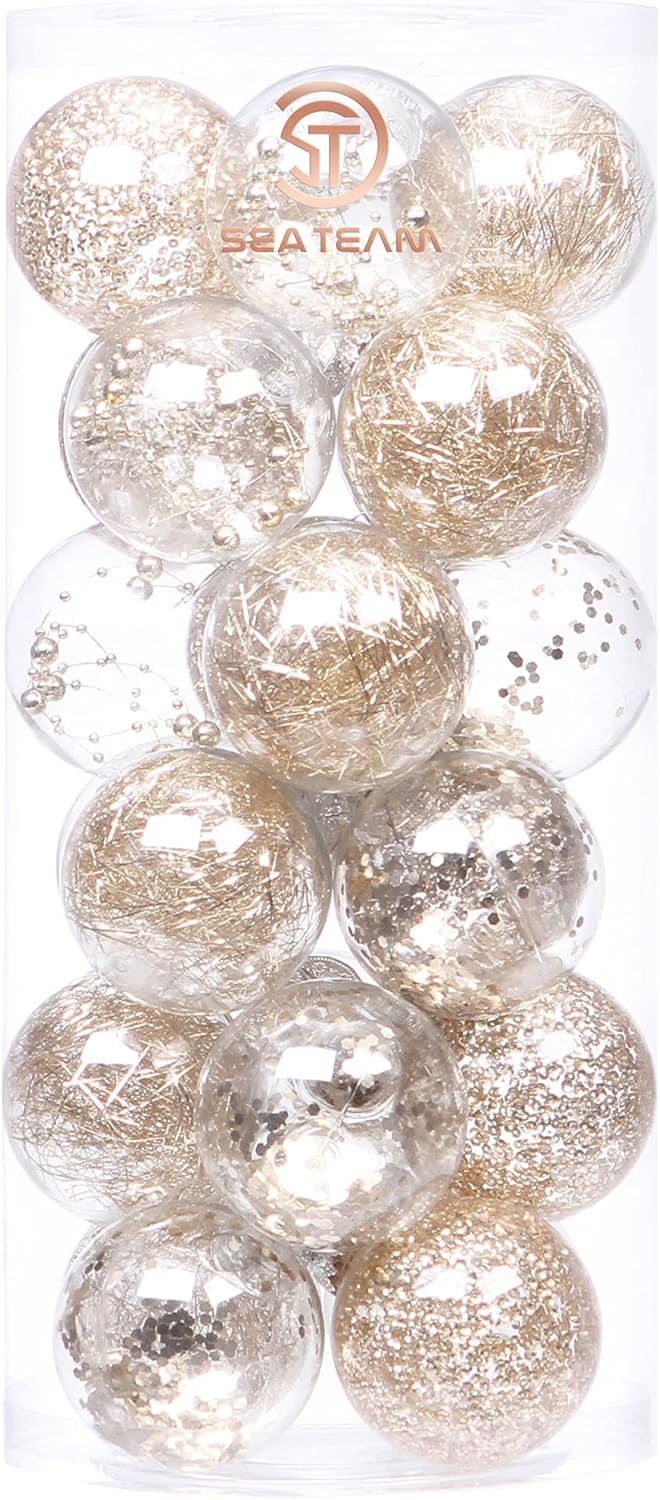 24 Count Shatterproof Clear Plastic Christmas Ball Ornaments with Gold Decorations