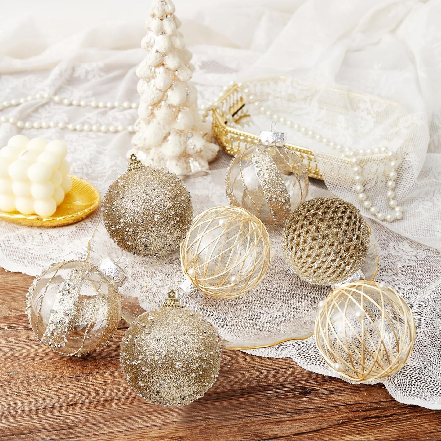 Large Shatterproof Foam Christmas Ball Ornaments - Clear Plastic Glitter Hanging Balls for Xmas Holiday Party Home Decor (Champagne) - Set of 9