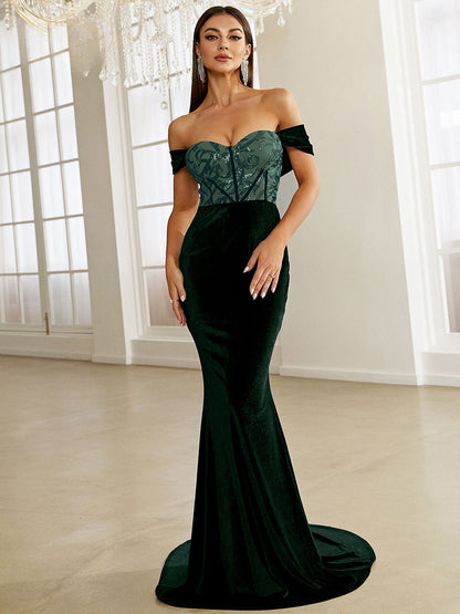 Green Velvet Evening Dress - Off Shoulder Sequin Bodycon Maxi Party Dress