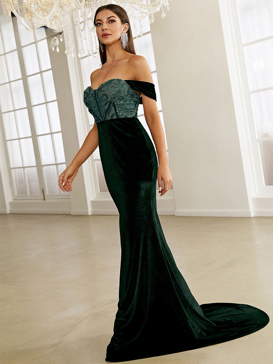 Green Velvet Evening Dress - Off Shoulder Sequin Bodycon Maxi Party Dress