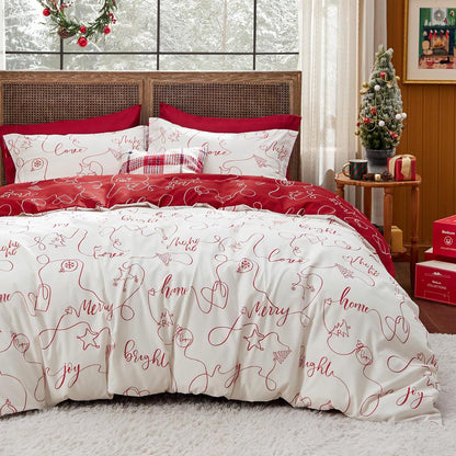 Red Forest Christmas Bedding Set - Queen Size - 5-Piece Set with Duvet Cover, Pillow Shams, Throw Blanket, and Decorative Pillow