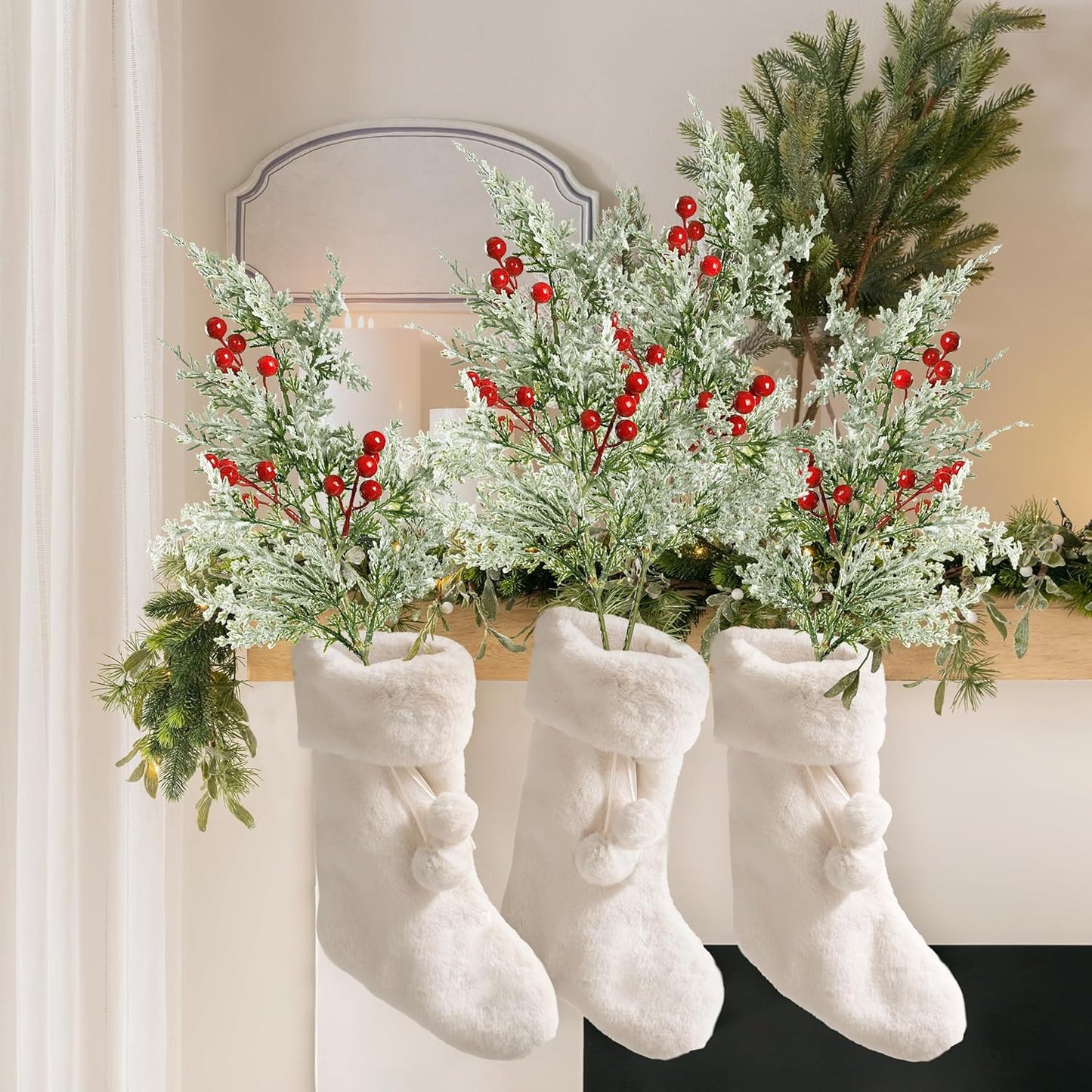 Snowy Artificial Pine Branches with Red Berries - 6 PackFrosted Faux Cedar Spray - 19'' Greenery PicksChristmas Cedar Stems for DIY Garland and WreathXmas Embellishing Garden and Home Decoration