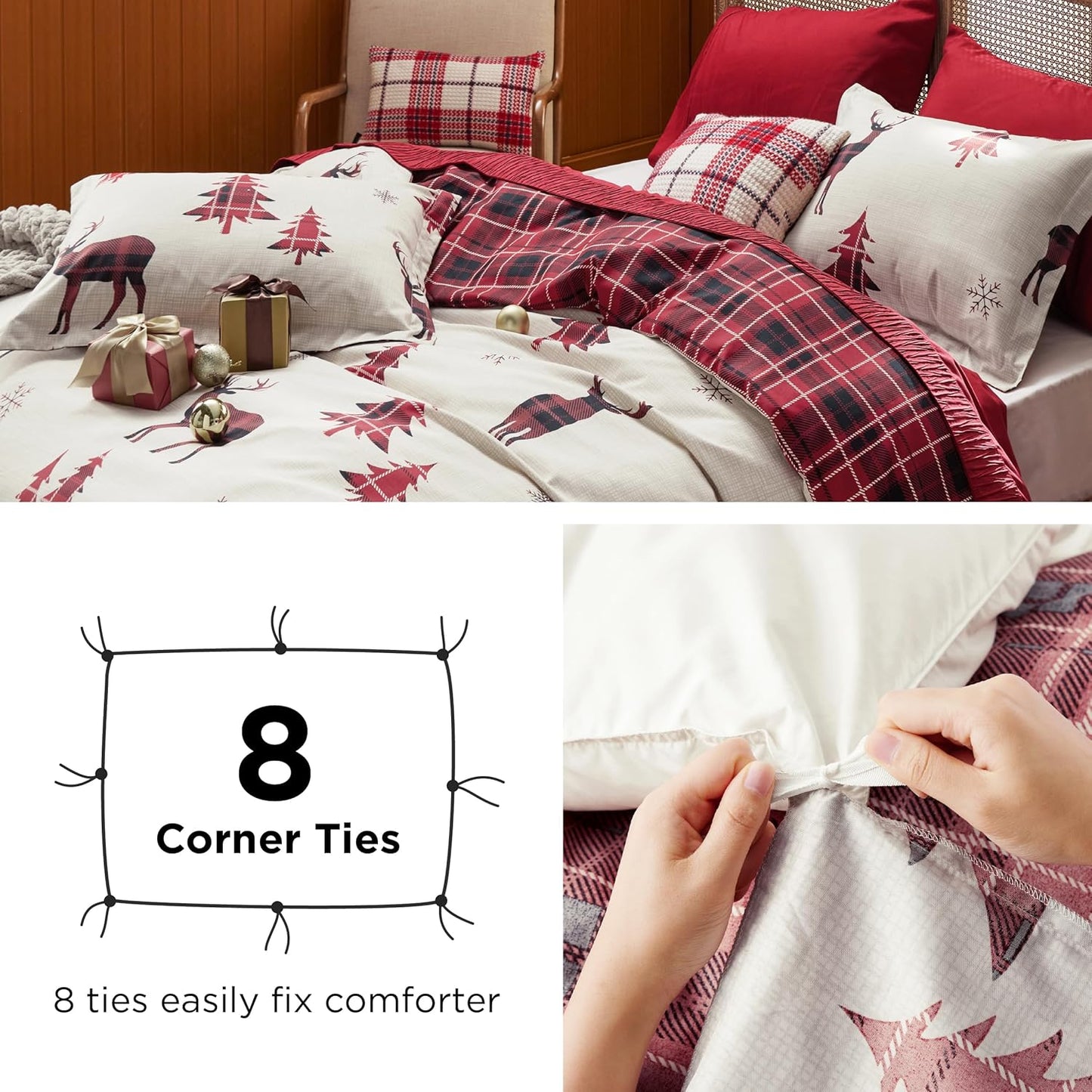 Christmas Duvet Cover Queen - Reversible Buffalo Check Printed Plaid - Includes 1 Duvet Cover and 2 Pillow Shams - Reindeer Design - Queen Size