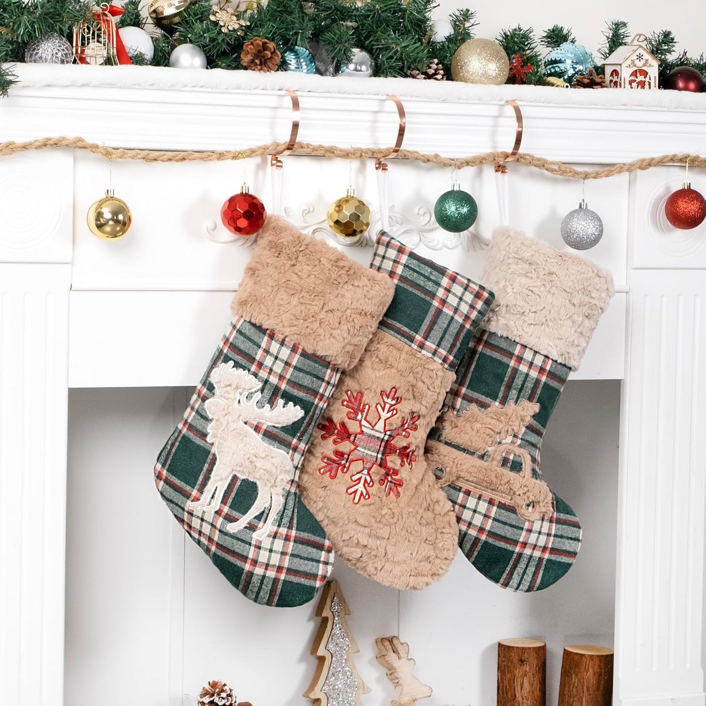 6 Pack Christmas Stocking - Red Green Plush Plaid Mix and Match Classic Rustic Farmhouse Country Cotton Fireplace Hanging Xmas Stockings for Family Holiday Season Decor