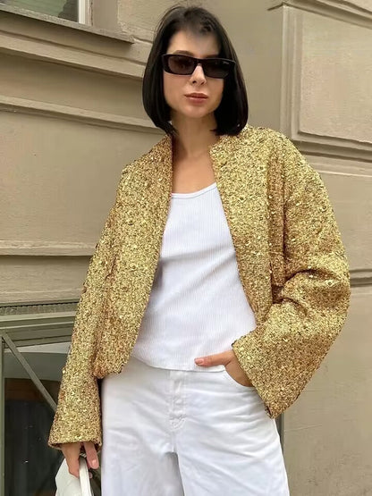 Gold Sequin Decoration Loose Short New Fashion Versatile Warm Chic Elegant Coat