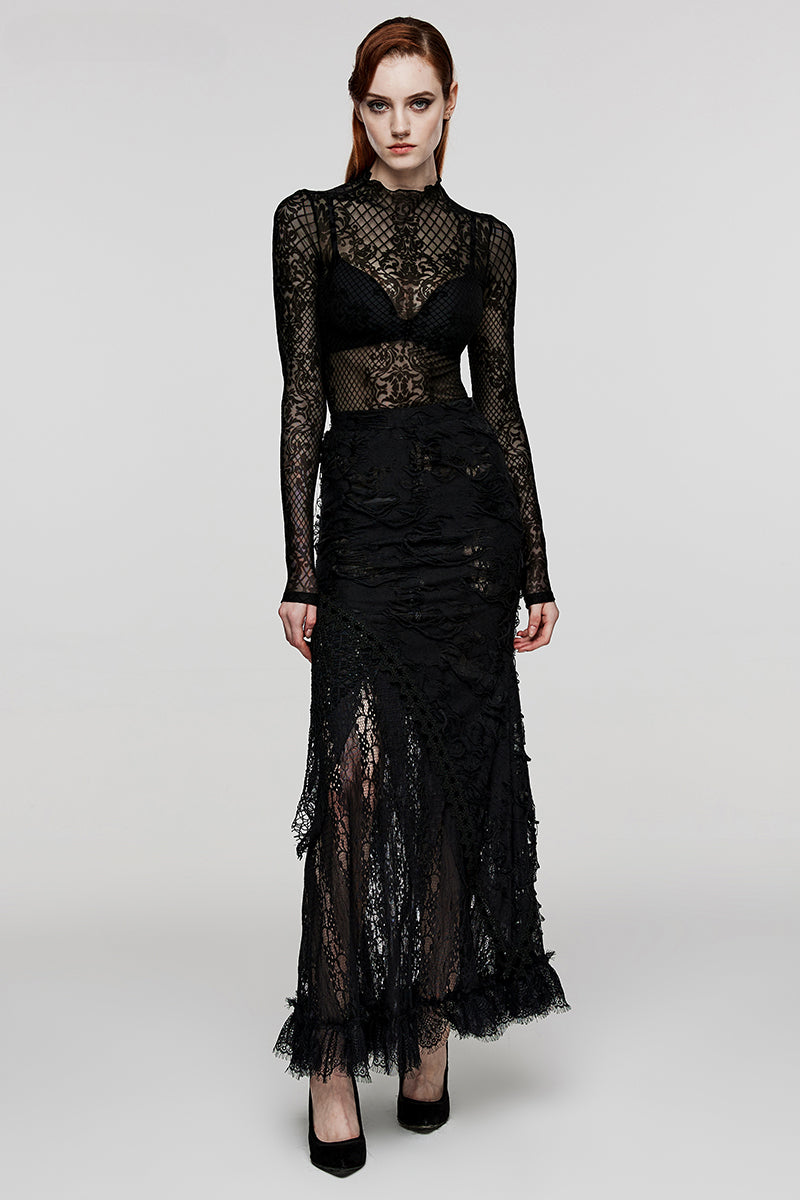 Lace Ripped Skirt Dark Hallowmas Feel Women's Black Knit Club Long Gothic