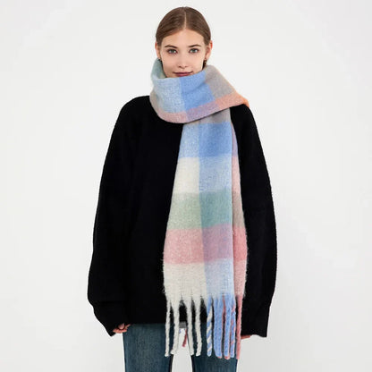 Winter Plaid Tassel Rainbow Faux Cashmere Long Muffler Scarf