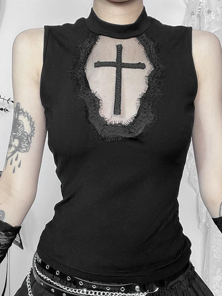 Grunge Crop See Alternative Dark Patchwork Gothic Top Through Mesh Cross