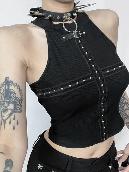 Top Black Patchwork Punk Gothic Cross Alt Cyber Crop Streetwear Dark Grunge