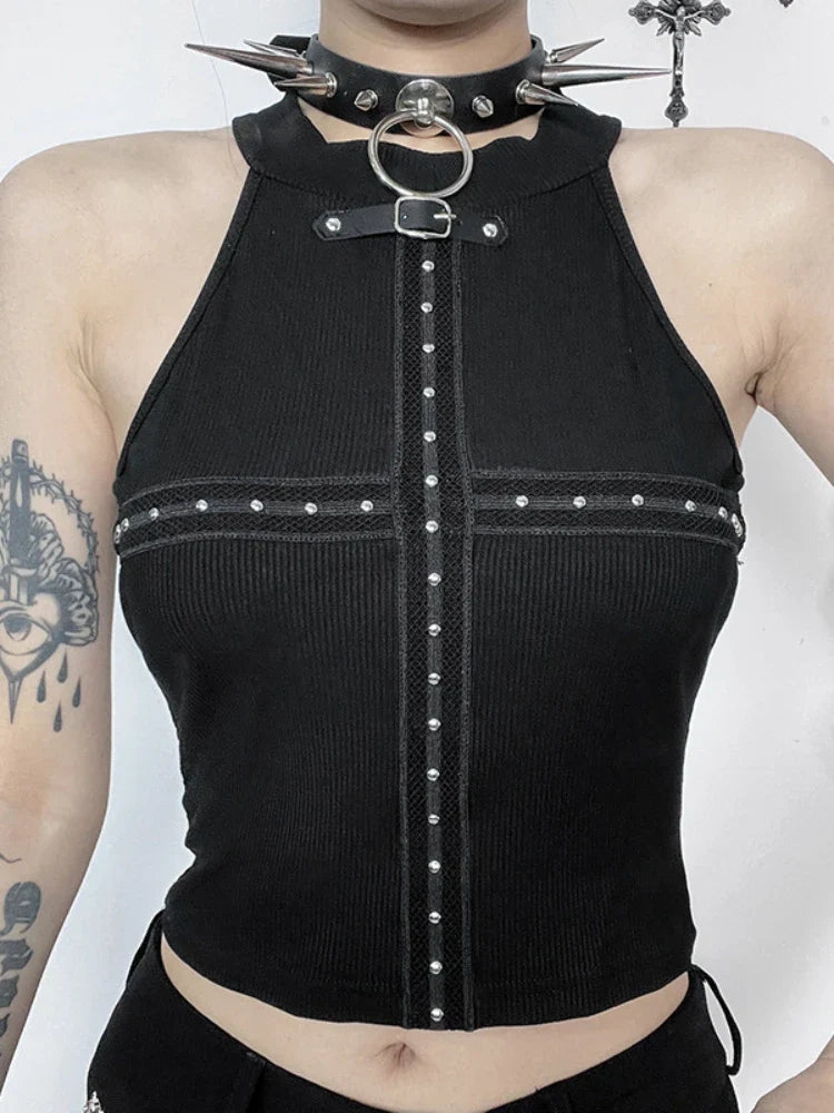 Top Black Patchwork Punk Gothic Cross Alt Cyber Crop Streetwear Dark Grunge