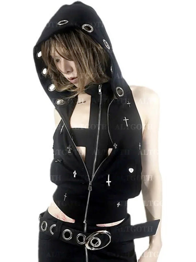 Dark Hooded Vest Grunge Alt Gothic Streetwear Cross Crop Top Cyberpunk