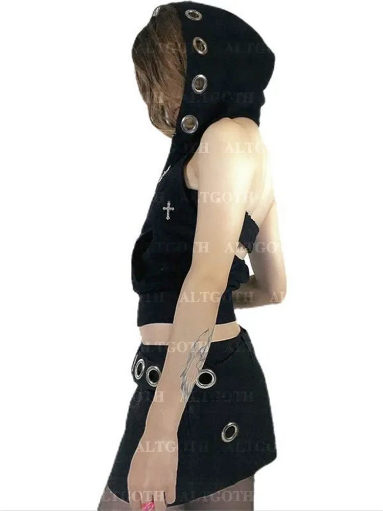 Dark Hooded Vest Grunge Alt Gothic Streetwear Cross Crop Top Cyberpunk