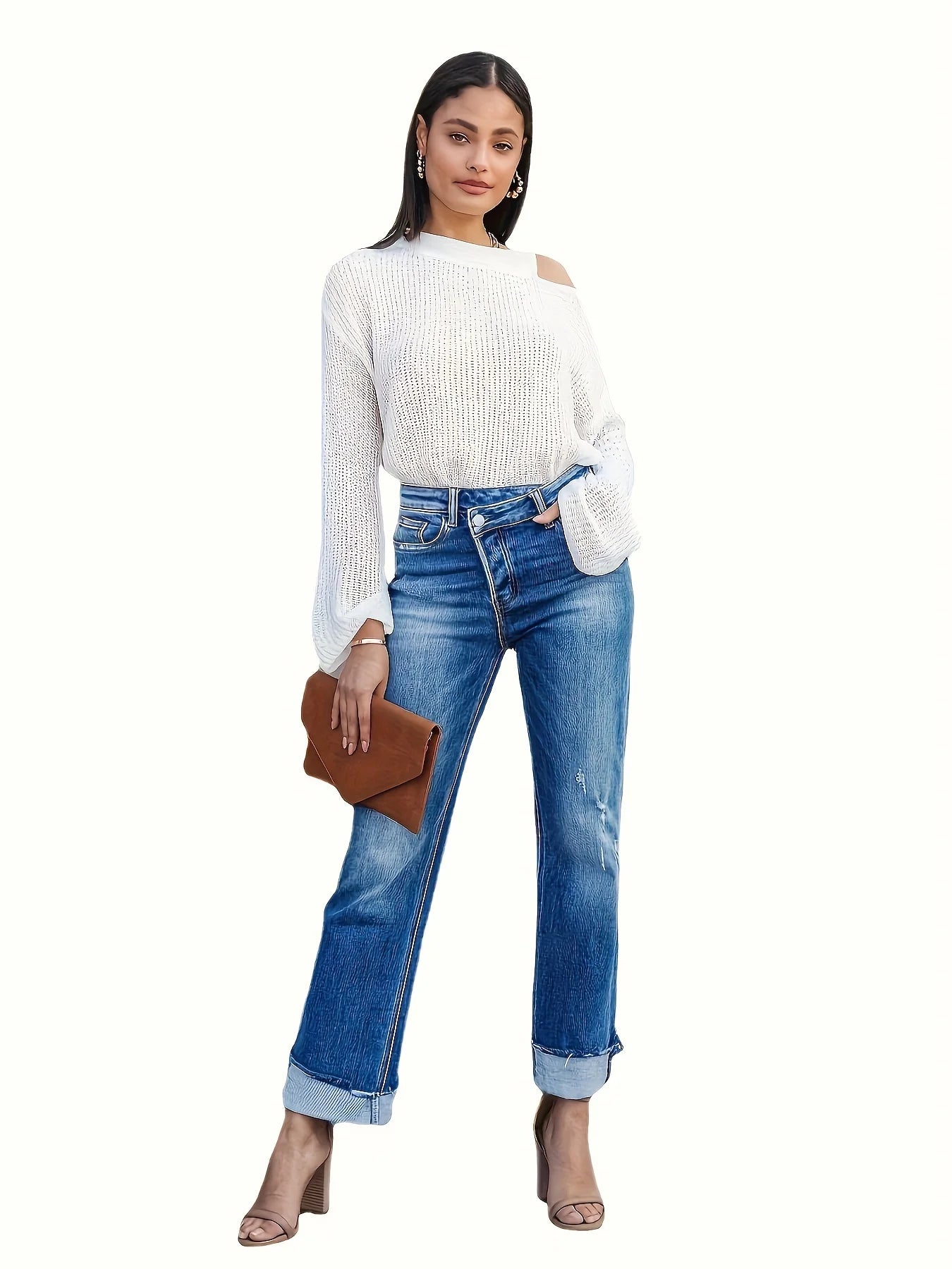 Amy Fashion - Asymmetrical Waist Casual Straight Loose Fit Rolled Hem Denim Jean