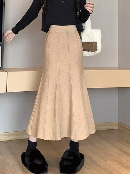 Autumn Winter Knitted Long Korean Fashion Temperament Elegant High Waist Solid Slim Black Fishtail Skirt