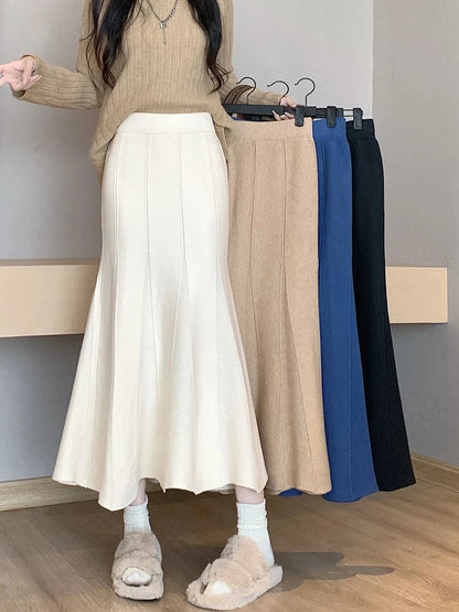 Autumn Winter Knitted Long Korean Fashion Temperament Elegant High Waist Solid Slim Black Fishtail Skirt