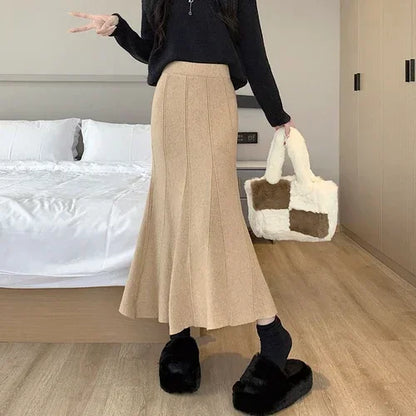 Autumn Winter Knitted Long Korean Fashion Temperament Elegant High Waist Solid Slim Black Fishtail Skirt