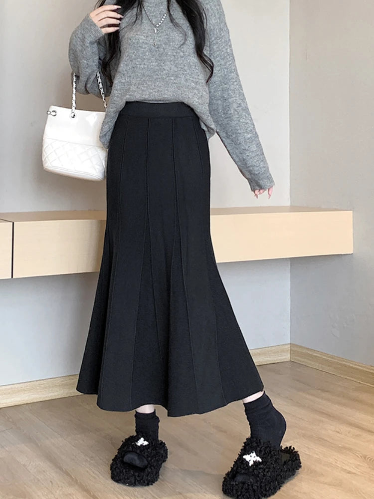 Autumn Winter Knitted Long Korean Fashion Temperament Elegant High Waist Solid Slim Black Fishtail Skirt