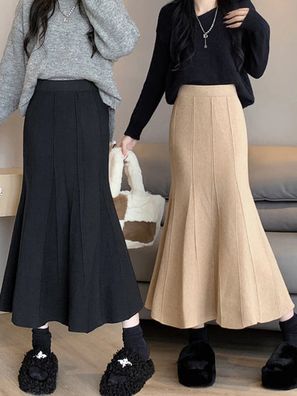 Autumn Winter Knitted Long Korean Fashion Temperament Elegant High Waist Solid Slim Black Fishtail Skirt