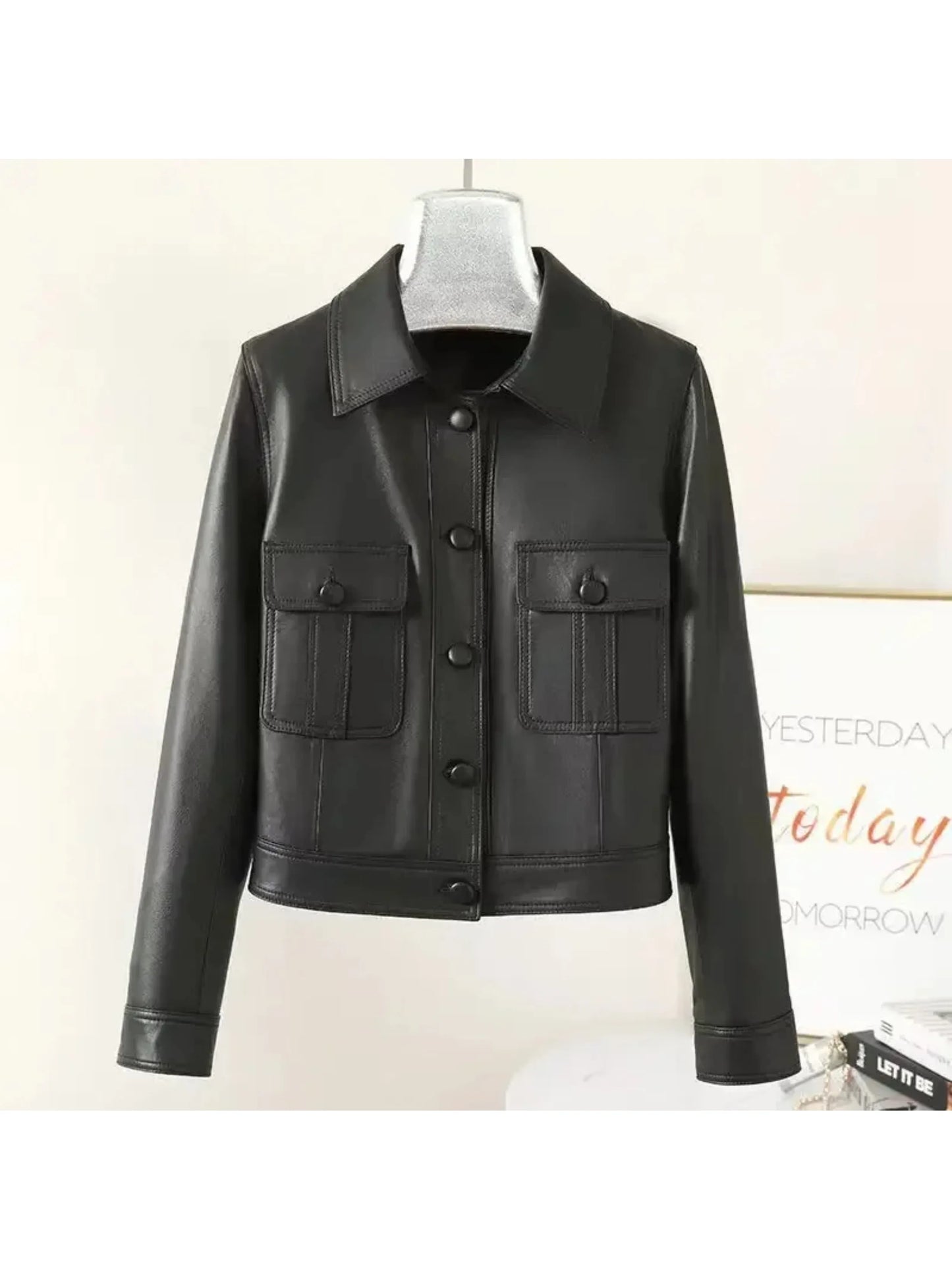 Autumn Winter Leather Lapel Fashion Cool Cardigan Long Sleeve Short Jacket