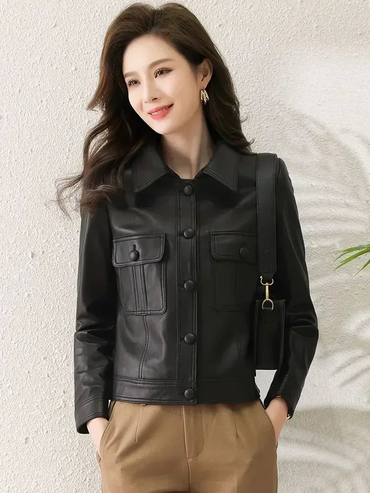 Autumn Winter Leather Lapel Fashion Cool Cardigan Long Sleeve Short Jacket