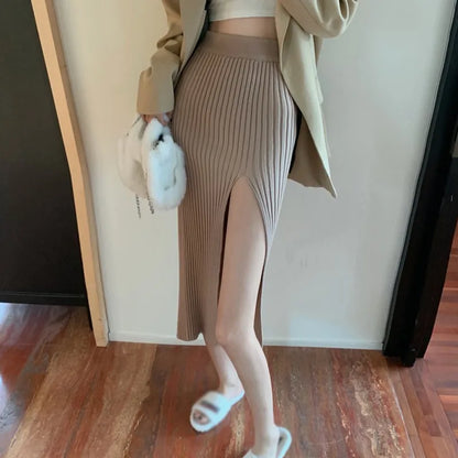 Autumn Winter Split Stretch Slim-Fit Slimming Knitted Sexy High Waist Elegant Solid Color Skirt