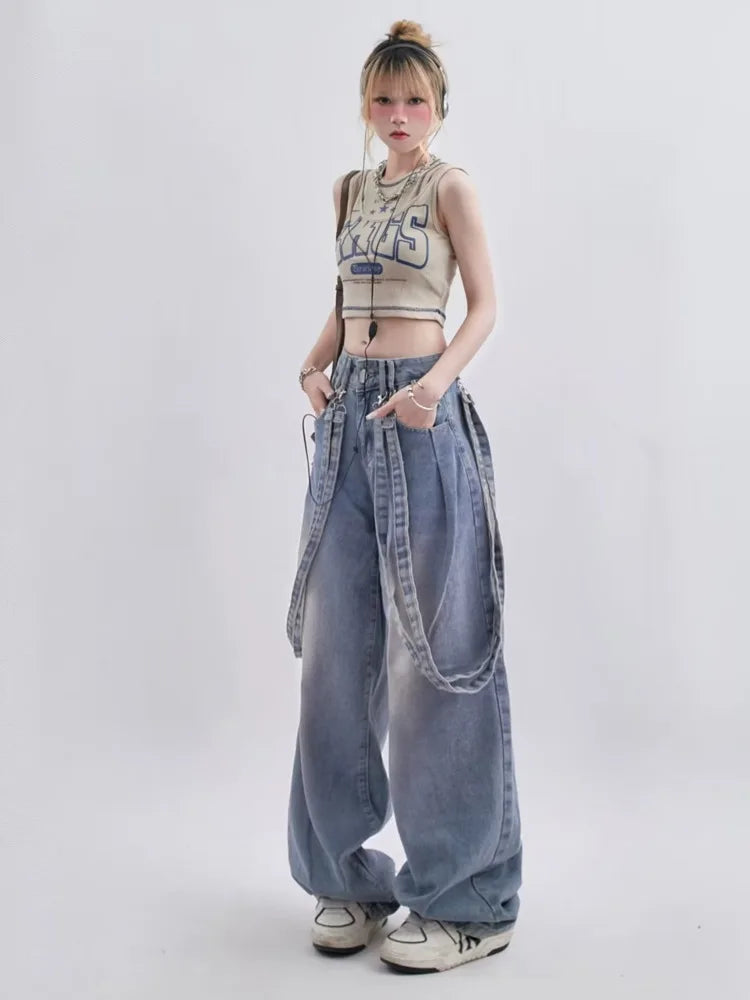 Amy Fashion - Retro Niche Ribbon Design Washable And Distressed Wide Leg High Waisted Autumn Women's Jean