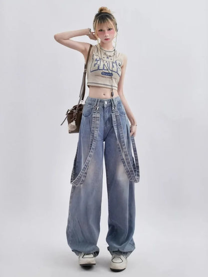 Amy Fashion - Retro Niche Ribbon Design Washable And Distressed Wide Leg High Waisted Autumn Women's Jean