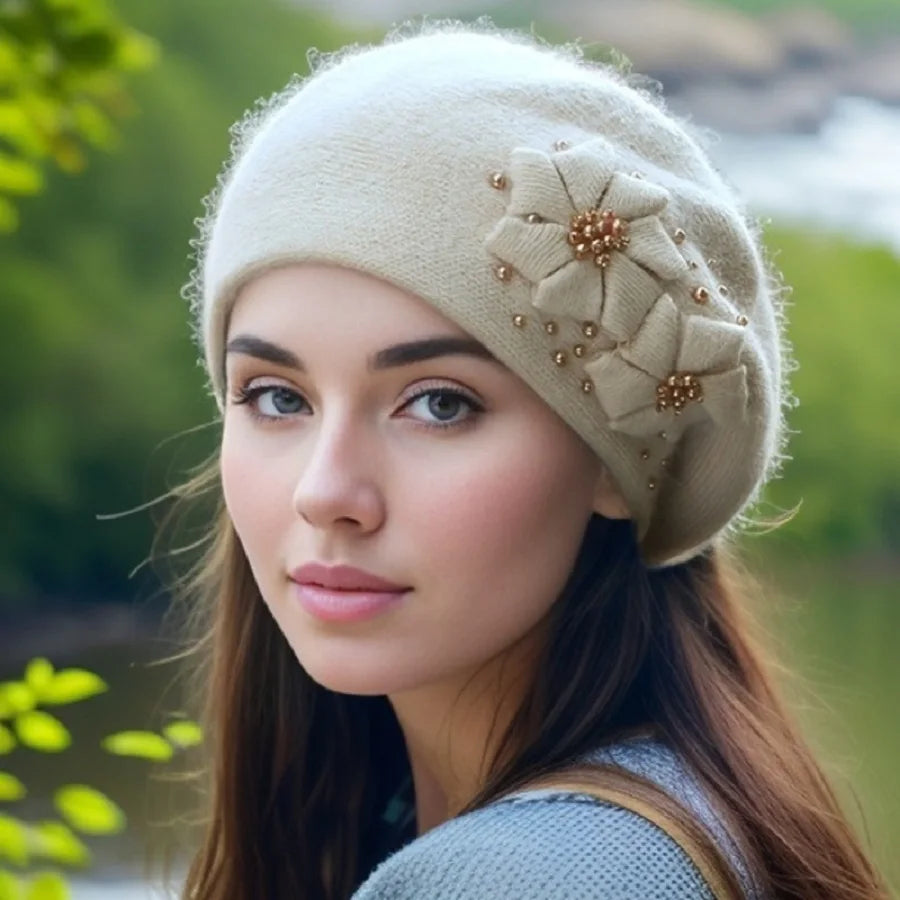 Cashmere Rabbit Wool Knitted Pearl Beret Hat for Women