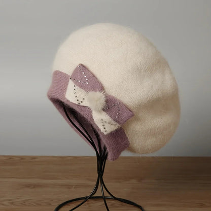 Rabbit Fur Double Layer Knitted Butterfly Knot Pullover Hat