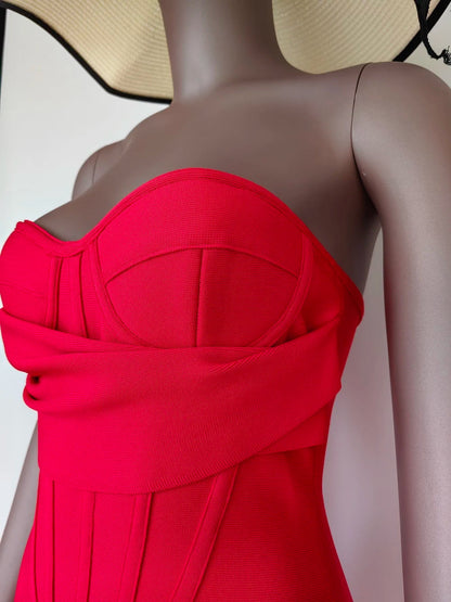 Red Christmas Party Dress - Strapless Backless Split Bustier