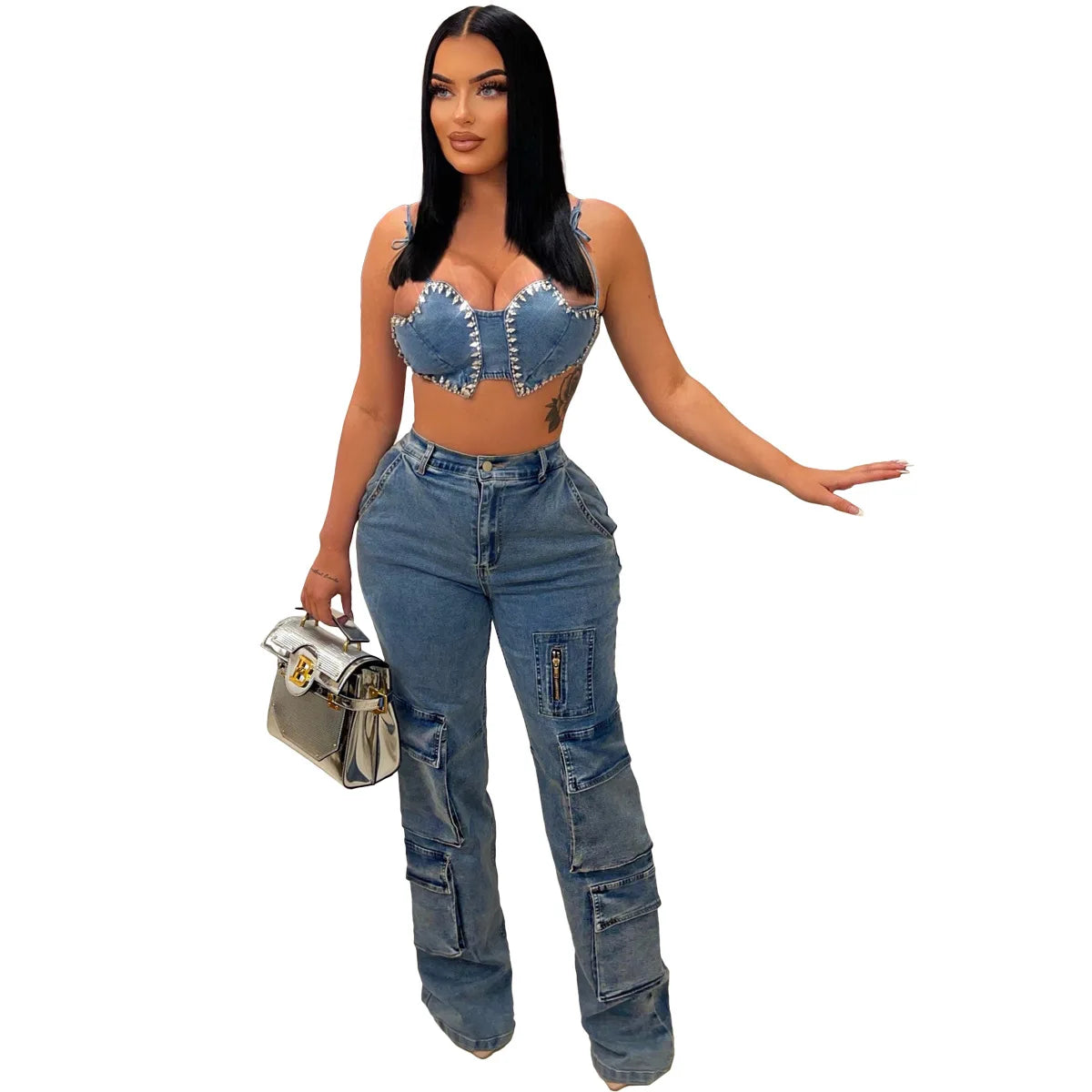 Amy Fashion - Baggy Pocket Denim Wide Leg High Waist Cargo Y2K Streetwear Fashion Denim 2024 Summer Clothes Jean