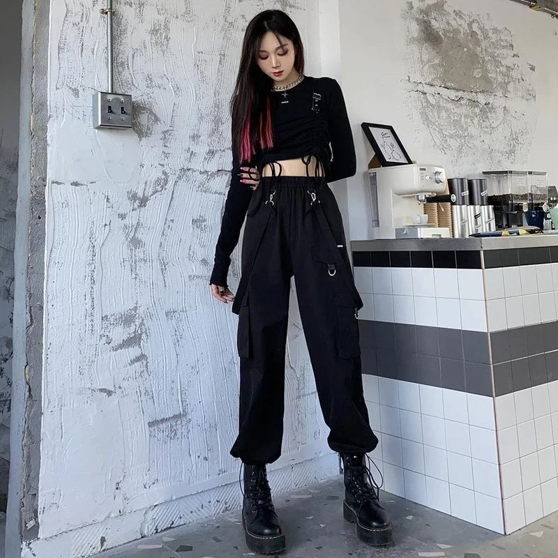 Black Women Pants Techwear Waist Pants High Gothic Cargo Streetwear