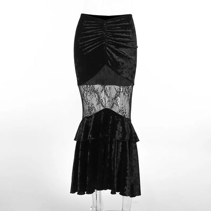 Gothic Women Sexy Lace Grunge Velvet Fairy Black Skirt Fishtail Stitching Fall