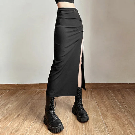 Women Skirt Mid-length Solid A-line Waist Sexy Slits Slim Streetwear High Long Hip-covering Black